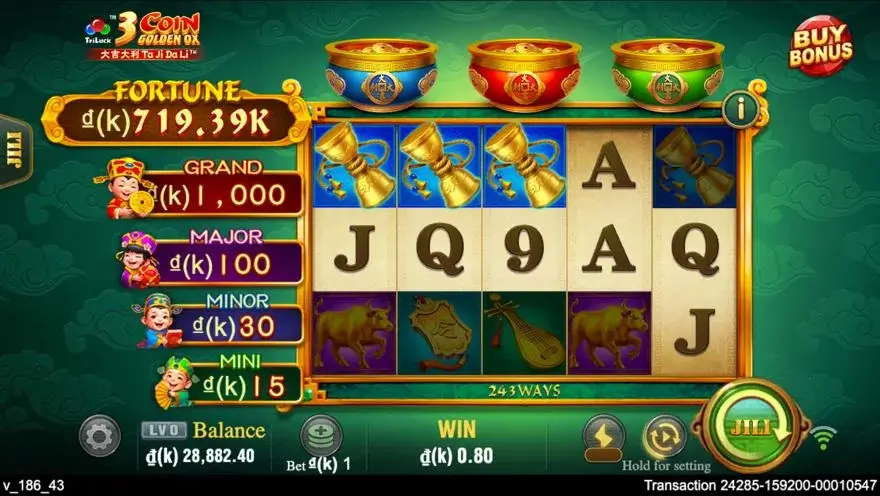 Ảnh bảng biểu tượng & tính năng game 3 Coin Golden OX (slot JILI) chơi tại LC79